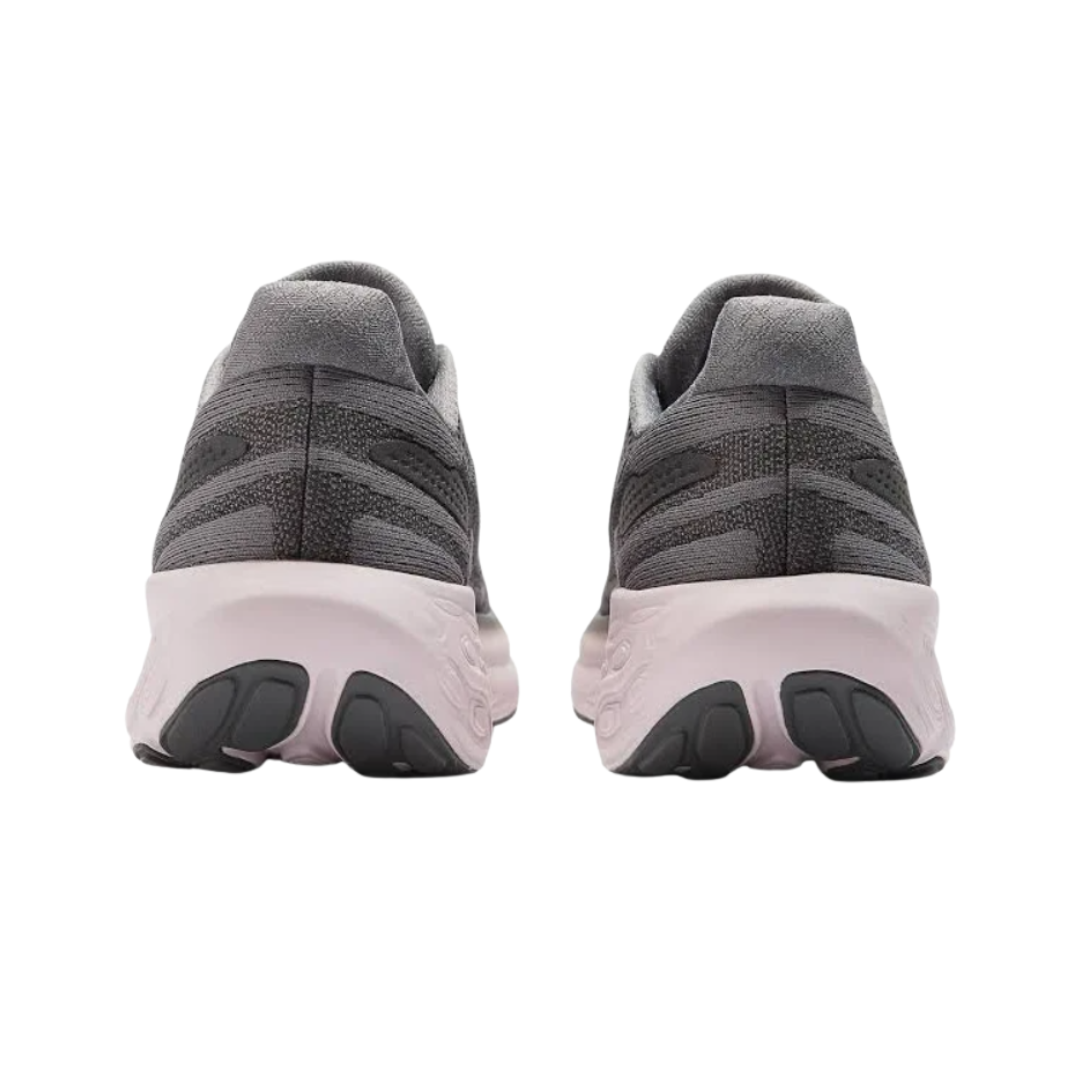 Back view of Women’s New Balance Fresh Foam X 1080v13 running shoe in Castlerock and December Sky – featuring a padded heel collar, reflective details, and a firm heel counter for stability.