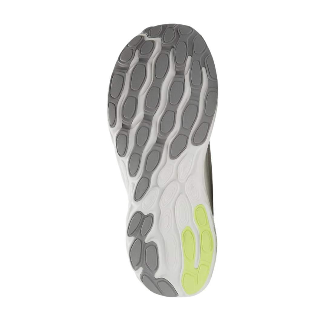 Bottom view of Men’s New Balance Fresh Foam X 1080v13 running shoe in Grey Matter and Shadow Grey – featuring a durable rubber outsole with flexible grooves for enhanced traction and flexibility.