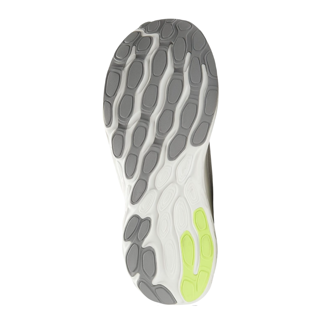 Bottom View of Men’s New Balance Fresh Foam X 1080v13 running shoe in grey matter with shadow grey – featuring durable rubber outsole with multi-surface traction, flex grooves for natural movement, and reinforced heel for durability.