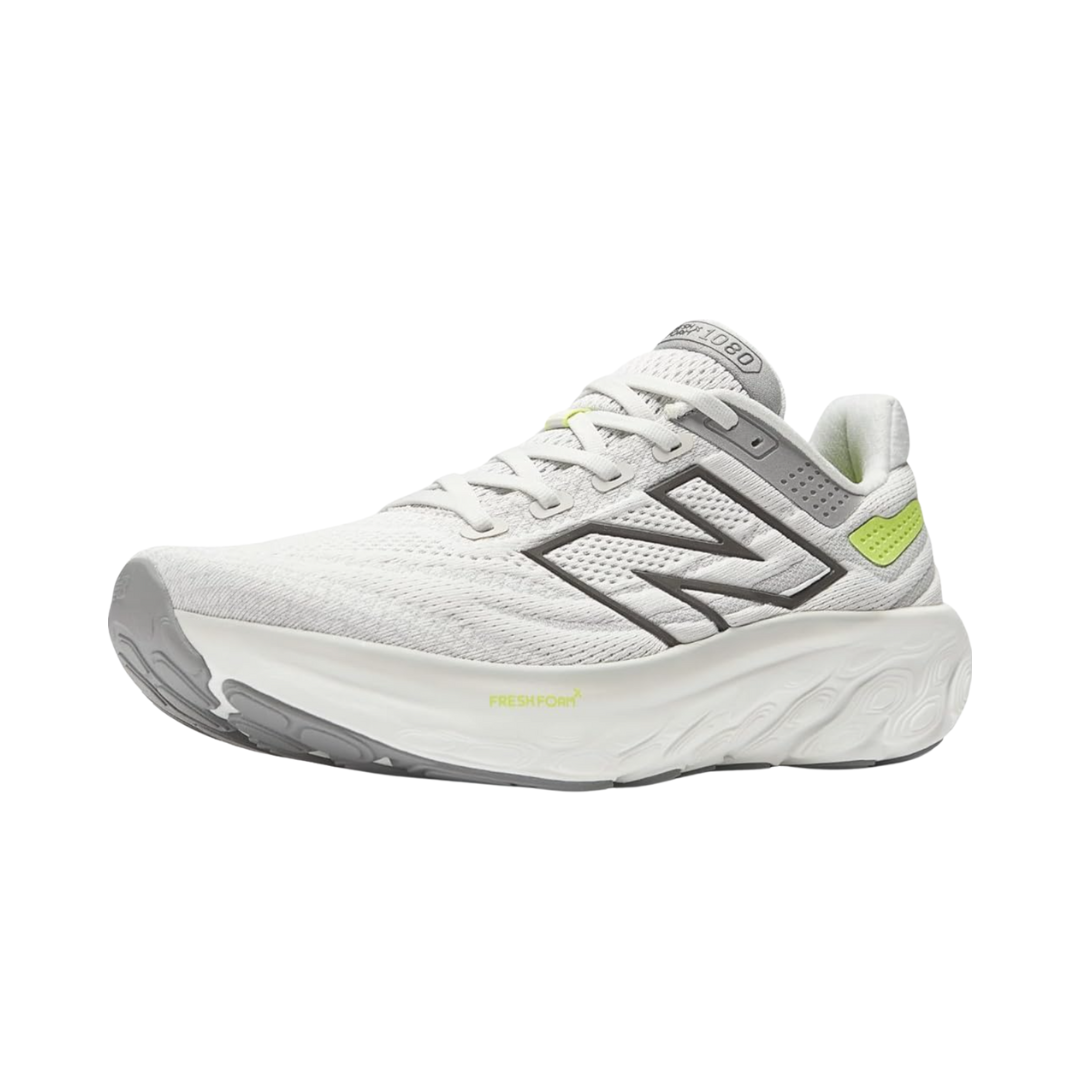 Side View of Men’s New Balance Fresh Foam X 1080v13 running shoe in grey matter with shadow grey – featuring engineered mesh upper for breathable support, Fresh Foam X midsole for plush cushioning, and sleek design with tonal grey accents.