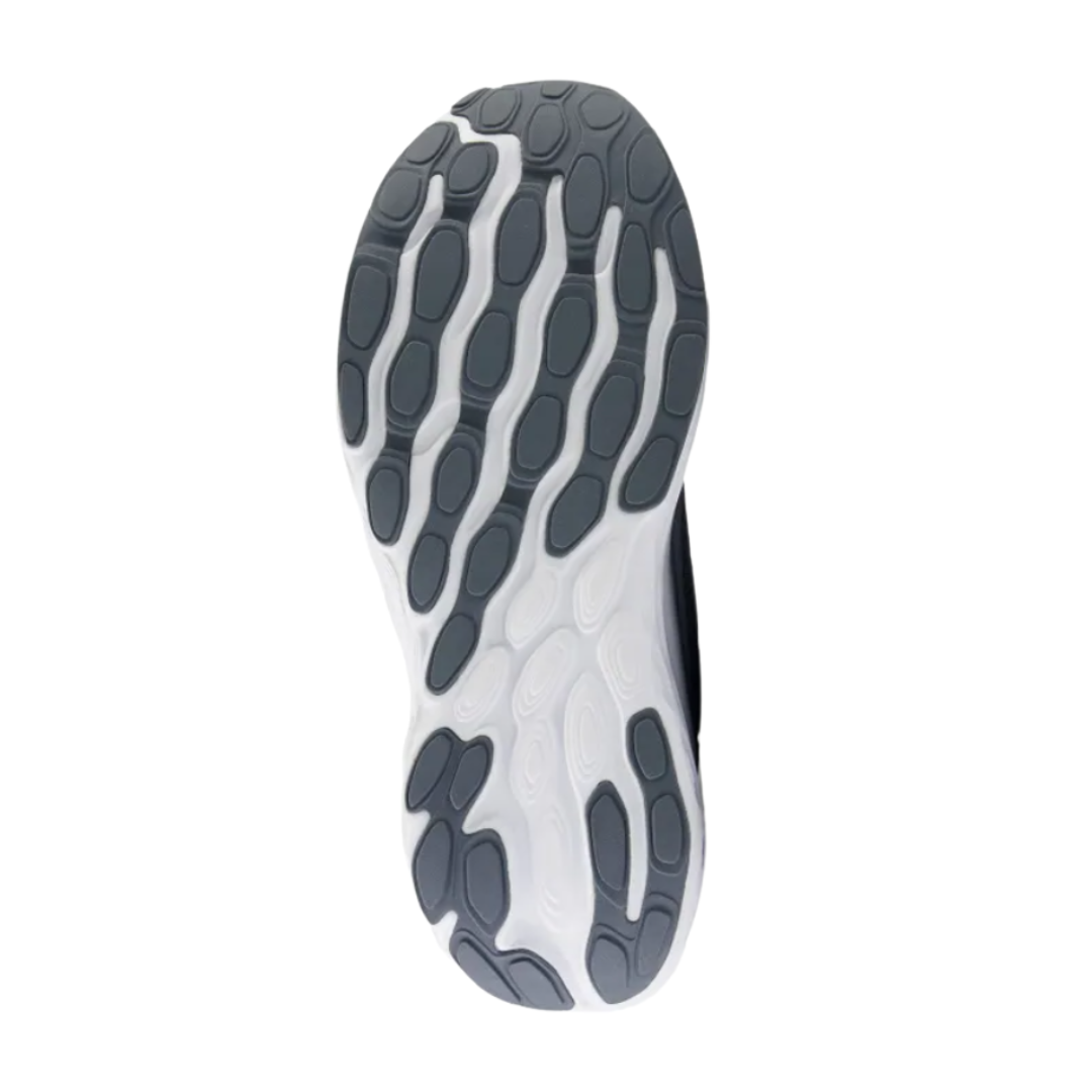 Bottom View of Men’s New Balance Fresh Foam X 1080v13 running shoe in steel titanium with white – featuring durable rubber outsole with flex grooves, multi-zone traction for grip, and reinforced heel for support.