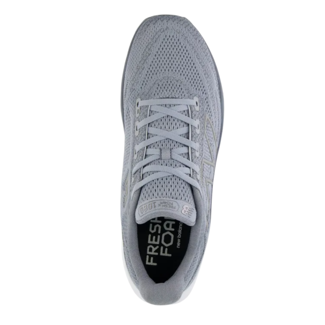 Top View of Men’s New Balance Fresh Foam X 1080v13 running shoe in steel titanium with white – featuring engineered mesh upper for breathable support, Fresh Foam X midsole for plush cushioning, and sleek design with contrasting white accents.
