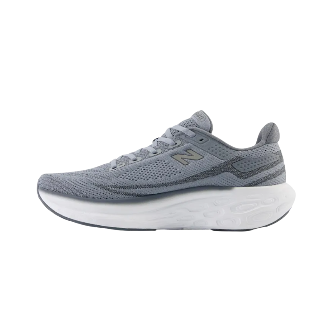 Side View of Men’s New Balance Fresh Foam X 1080v13 running shoe in steel titanium with white – featuring engineered mesh upper for breathable support, Fresh Foam X midsole for plush cushioning, and sleek design with contrasting white accents.