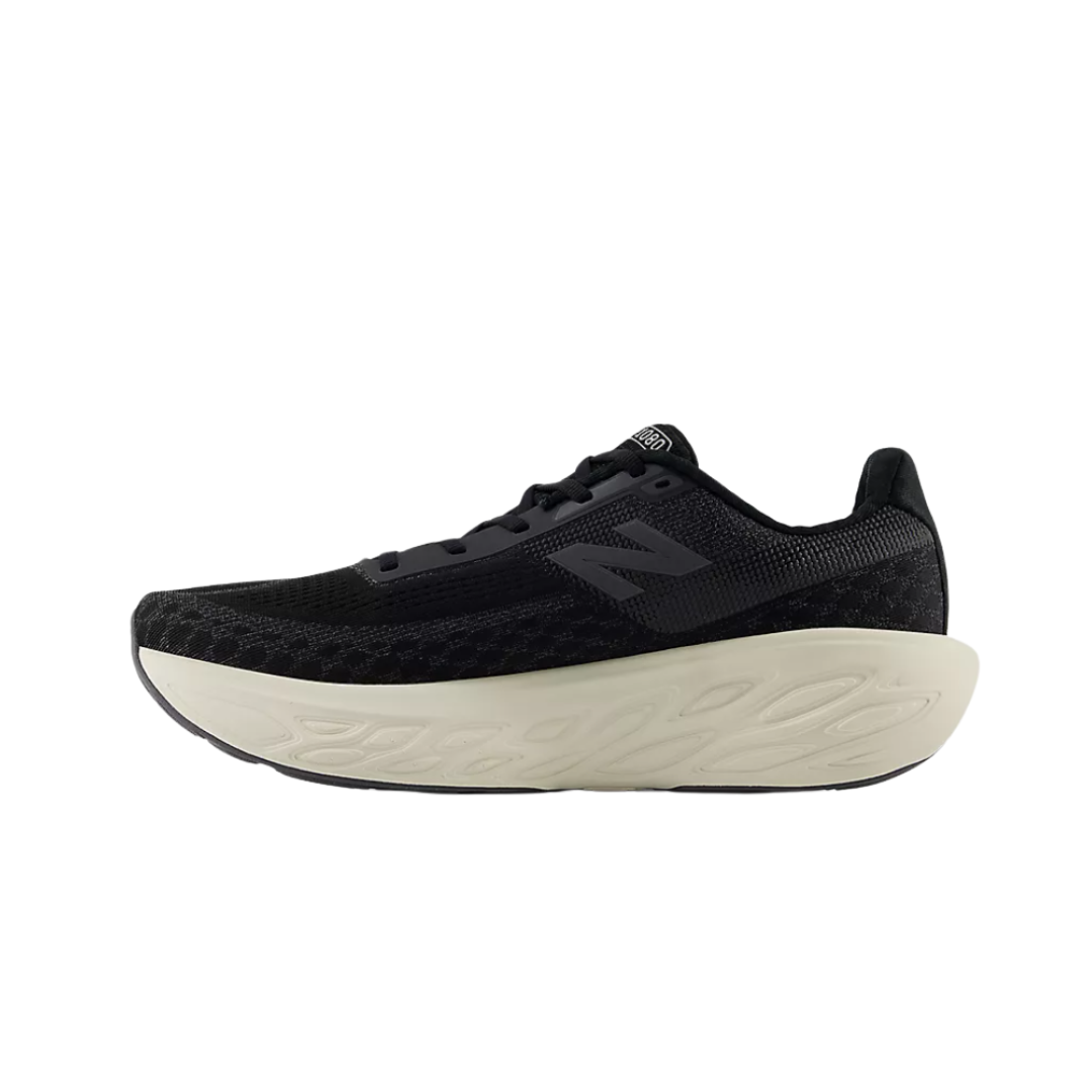 Side view of Men’s New Balance Fresh Foam X 1080v14 running shoe in black/magnet/linen – featuring a sculpted Fresh Foam X midsole for ultra-plush responsiveness, external heel counter for structure, and engineered mesh with targeted stretch zones.