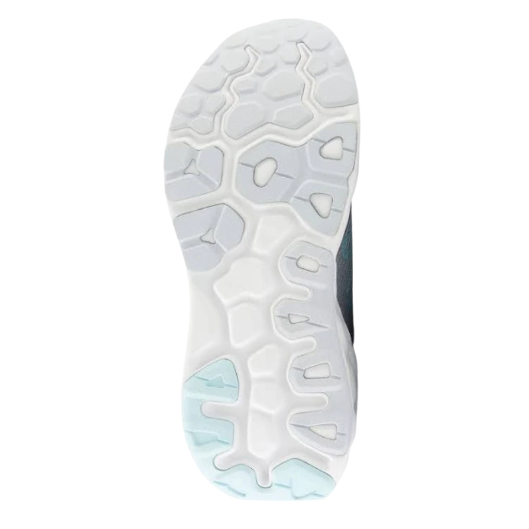 Bottom view of Women’s New Balance Fresh Foam X 840v1 running shoe in light grey and aqua blue – featuring a durable rubber outsole, flexible grooves for natural movement, and enhanced traction.