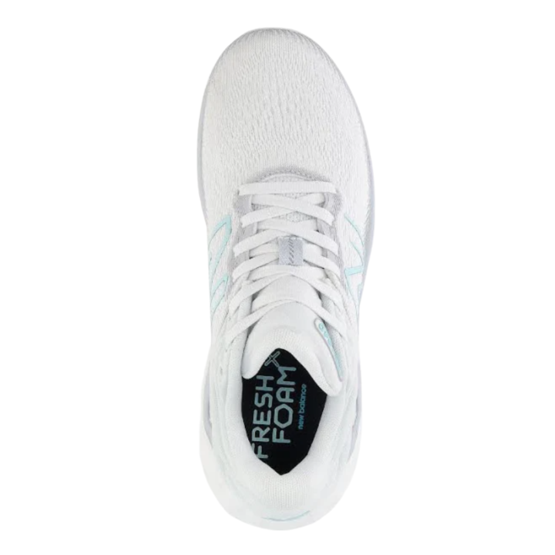 Top view of Women’s New Balance Fresh Foam X 840v1 running shoe in light grey and aqua blue – featuring a breathable engineered mesh upper, plush Fresh Foam midsole cushioning, and secure lace-up closure.