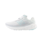 Side View of Women’s New Balance Fresh Foam X 840v1 running shoe in light grey with aqua blue – featuring engineered mesh upper for breathability, Fresh Foam midsole for lightweight cushioning, and supportive overlays for stability.