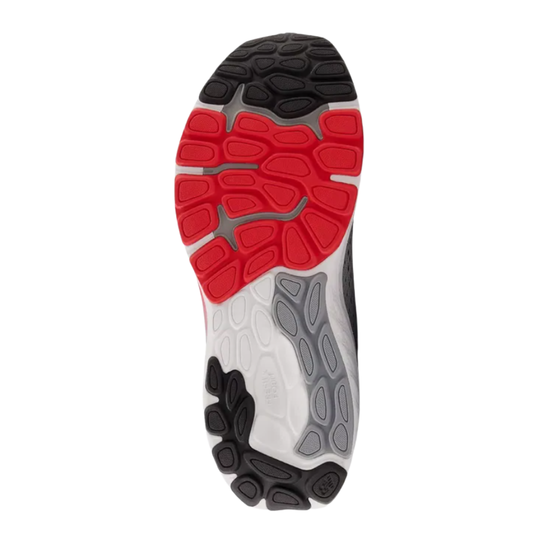 Bottom view of Men’s New Balance Fresh Foam X 860v13 running shoe in light aluminum, true red, and black – featuring durable rubber outsole, multidirectional traction, and Fresh Foam midsole for responsive cushioning.
