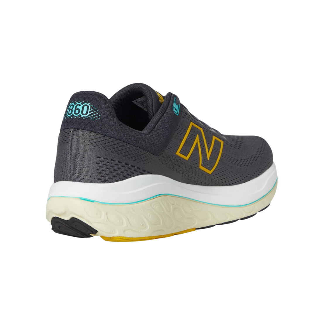 Angled View of Men’s New Balance Fresh Foam X 860v14 running shoe – featuring padded collar and molded heel for a secure fit, lace-up closure for adjustable comfort, and subtle design contours for a sleek profile.