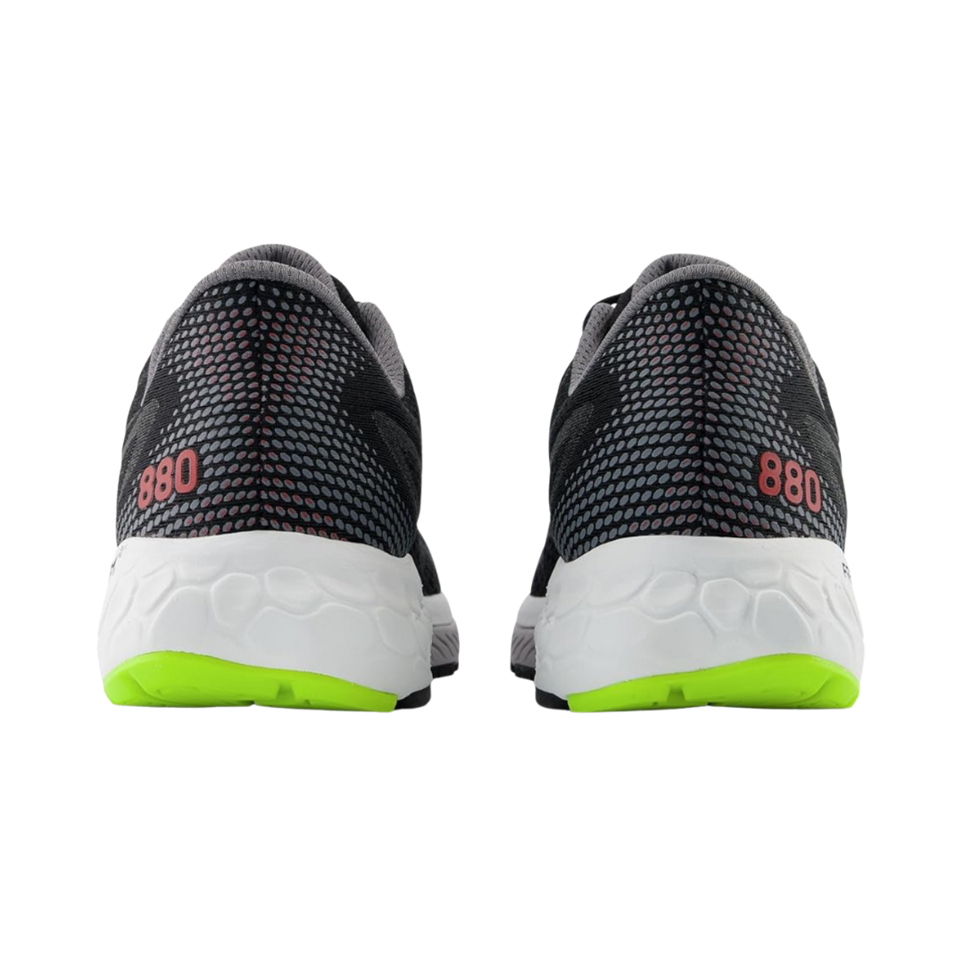 Back view of Men’s New Balance Fresh Foam X 880v13 running shoe in Black and Brick Red – featuring a padded heel collar, reflective accents, and a secure heel counter for stability.