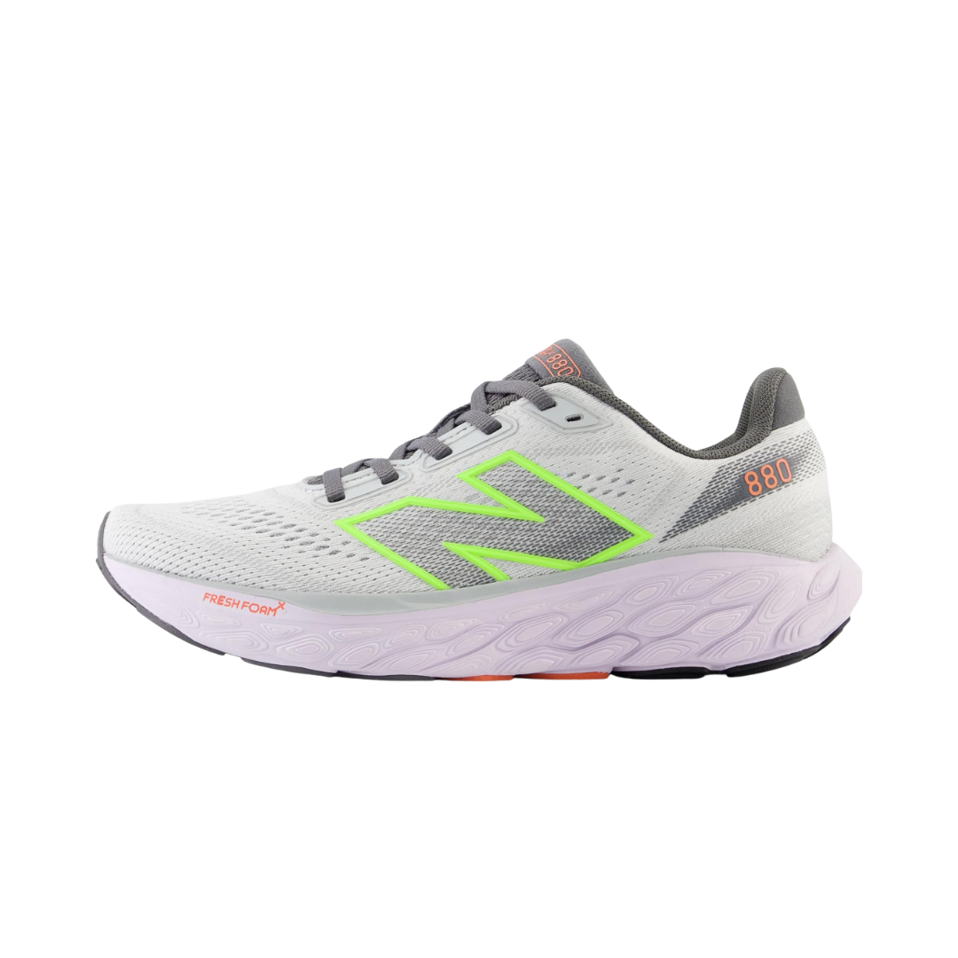 Side view of Women’s New Balance Fresh Foam X 880v14 in Grey Matter with Taro and Bleached Lime Glo – featuring Fresh Foam X midsole cushioning for a soft, responsive ride, and a sleek design for modern aesthetics.