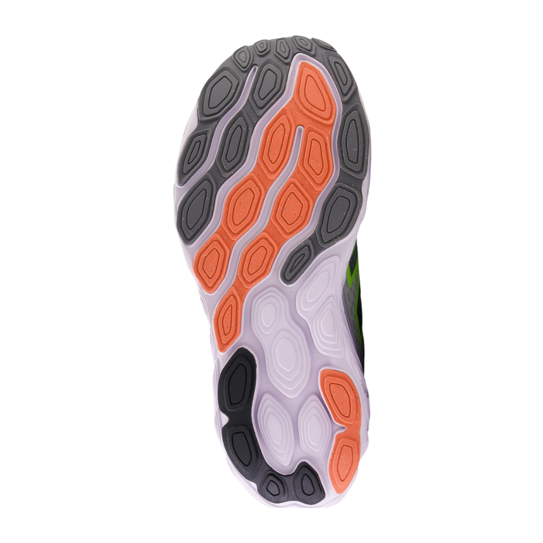 Bottom view of Women’s New Balance Fresh Foam X 880v14 in Grey Matter with Taro and Bleached Lime Glo – featuring a durable rubber outsole with strategic tread patterns for reliable traction on various surfaces.