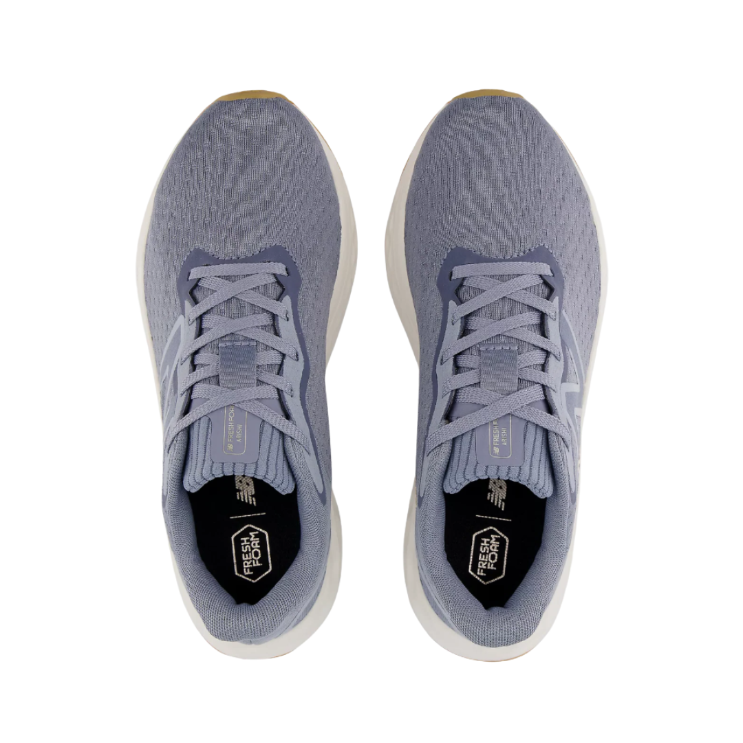 Top view of Women’s New Balance Fresh Foam X Arishi v4 in Arctic Grey with Light Arctic Grey – featuring a breathable mesh upper, traditional lace-up closure, and padded tongue for enhanced comfort.