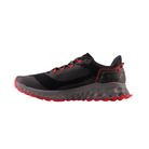 Side View of Men’s New Balance Fresh Foam X Garo v1 trail running shoe in magnet with true red and black – featuring engineered mesh upper for lightweight breathability, Fresh Foam X midsole for plush underfoot cushioning, and aggressive trail-specific outsole for enhanced traction.