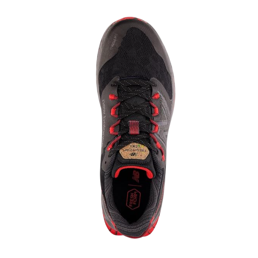 Top View of Men’s New Balance Fresh Foam X Garo v1 trail running shoe in magnet with true red and black – featuring reinforced toe overlay for durability, secure lace-up closure, and padded collar for a supportive fit.