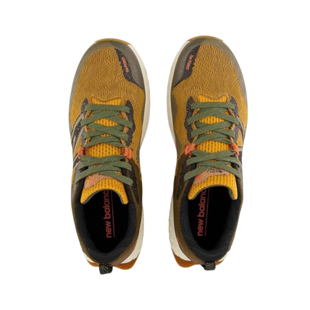 Top View of Men’s New Balance Fresh Foam X Hierro v7 trail running shoe in golden hour with dark camo and black – featuring wide toe box for natural toe splay, breathable mesh upper, and streamlined tongue design.
