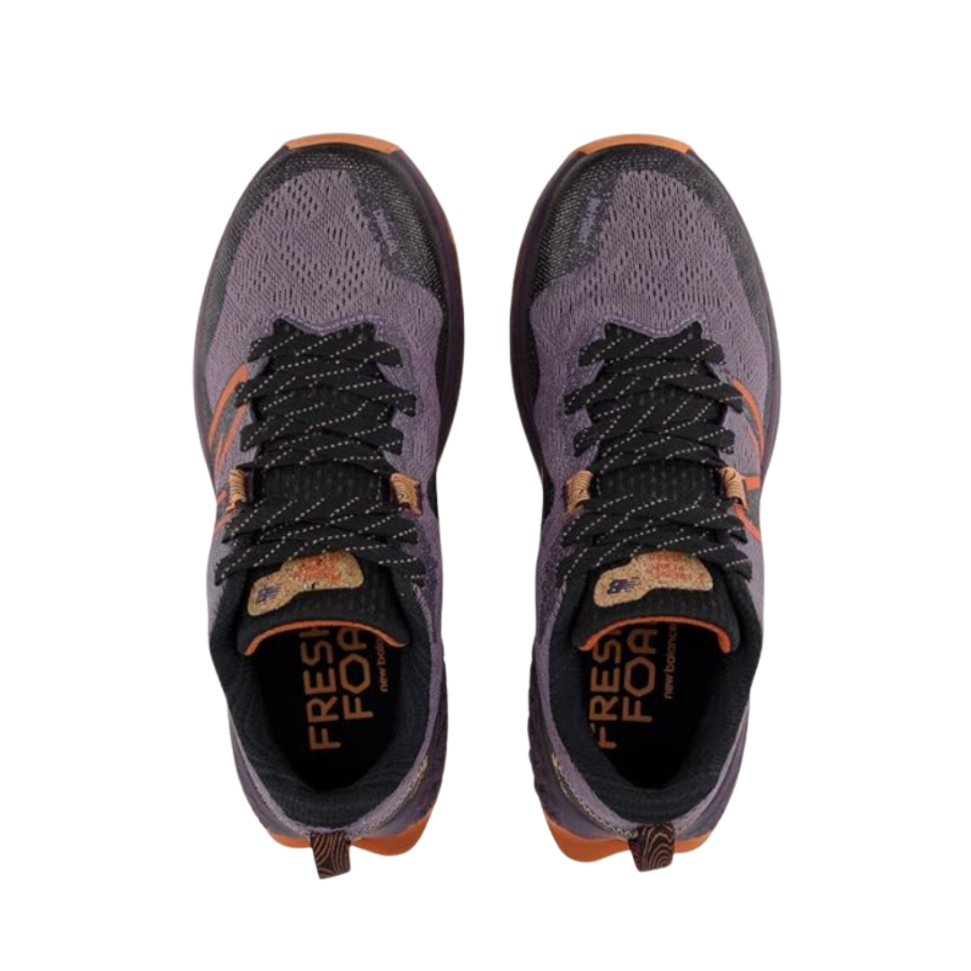 Top view of Women’s New Balance Fresh Foam X Hierro v7 in Shadow with Black – featuring a breathable engineered mesh upper, traditional lace-up closure, and padded tongue for enhanced comfort.