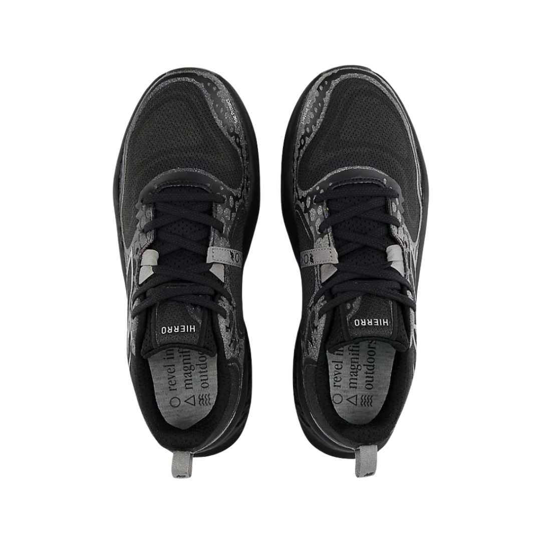 Top  View of Men’s New Balance Fresh Foam X Hierro v8 trail running shoe in black with shadow grey – featuring engineered mesh upper for breathability, Fresh Foam X midsole cushioning for plush comfort, and Vibram® outsole for rugged traction.