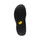Bottom View of Men’s New Balance Fresh Foam X Hierro v8 trail running shoe in black with shadow grey – featuring durable Vibram® rubber outsole with multi-directional lugs for grip, flexible flex grooves for natural movement, and reinforced heel tread for stability.