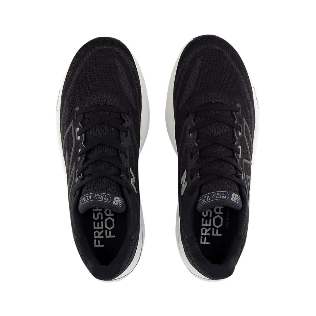 Top View of Men’s New Balance Fresh Foam X Vongo v6 stability running shoe in black and white – featuring a structured mesh upper for breathable lockdown fit, plush collar and tongue for ankle comfort, and a Fresh Foam X midsole for cushioned arch support and stability control.