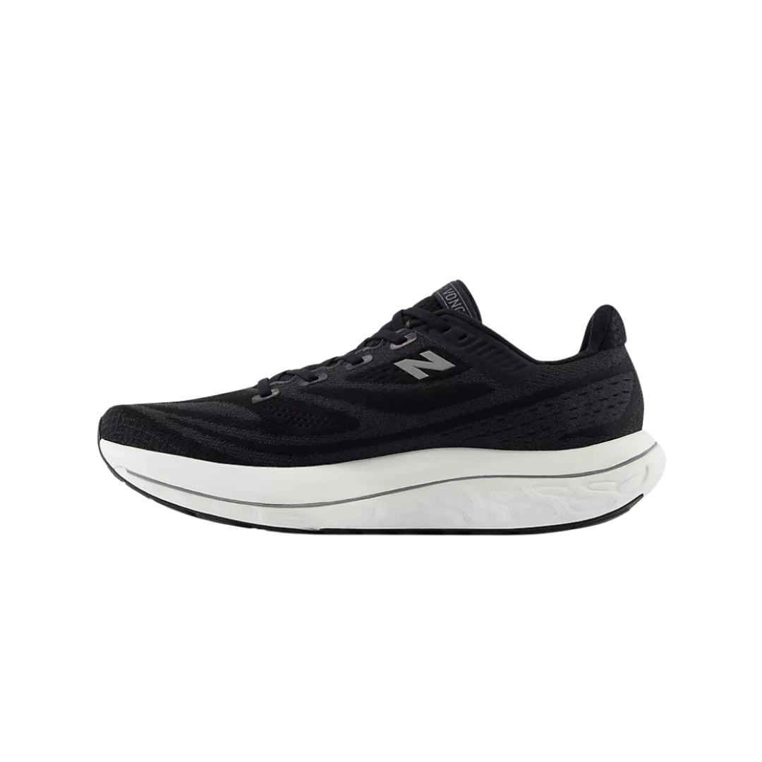 Side view of Men’s New Balance Fresh Foam X Vongo v6 running shoe in Black and White – featuring medial post support for overpronation control and lightweight design for comfort.