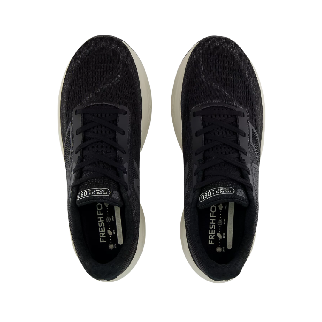 Top View of Men’s New Balance Fresh Foam X 1080v14 running shoe in black with magnet and linen – featuring a seamless, breathable knit upper for adaptive fit, ultra-cushioned Fresh Foam X midsole for pressure relief, and a streamlined lace system for secure lockdown and support during extended wear.
