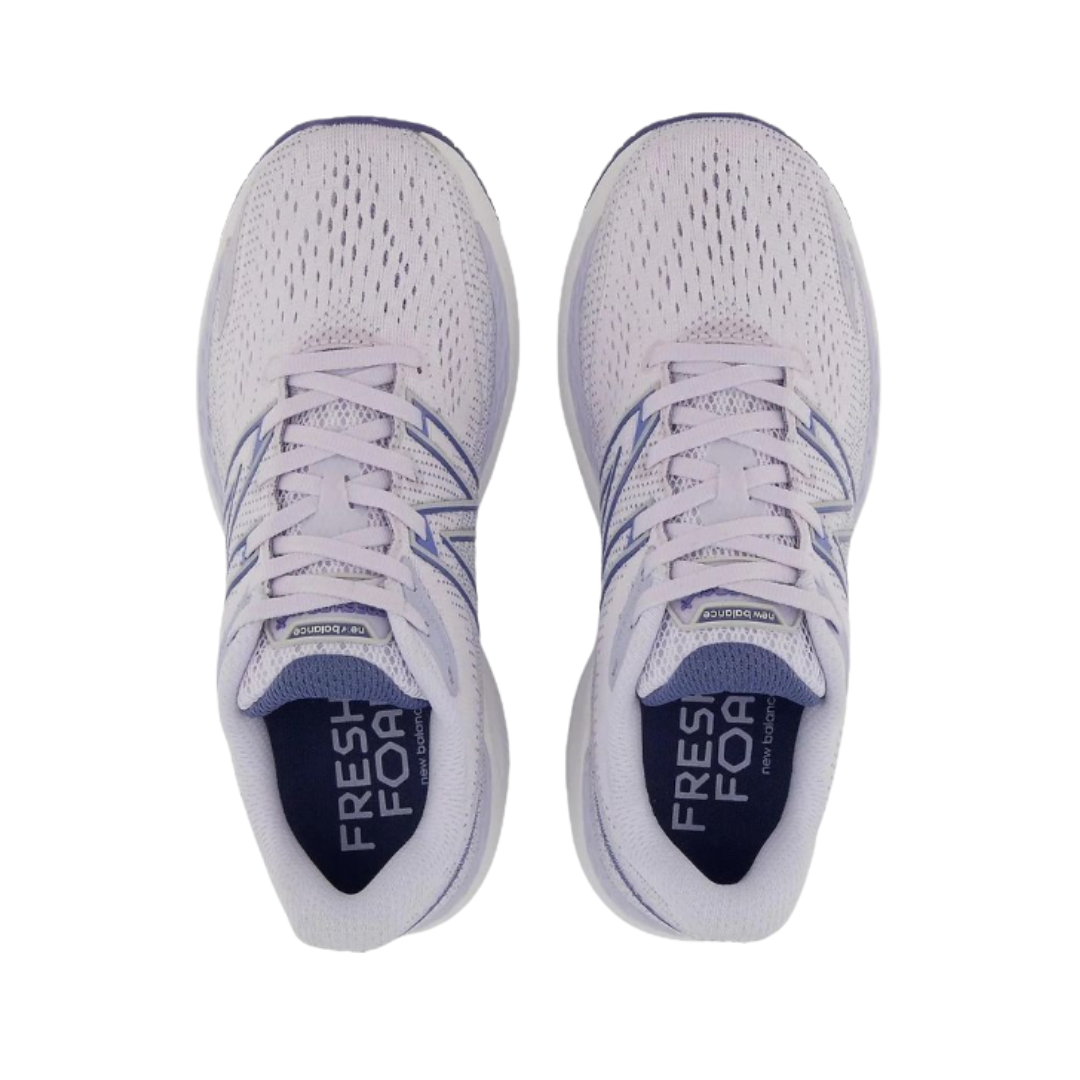 Top View of Women’s New Balance Fresh Foam X 860v12 stability running shoe in libra with night air – featuring a breathable engineered mesh upper for airflow, padded tongue and heel collar for ankle support, and a secure lacing system over a dual-density midsole for arch stability and all-day cushioning.