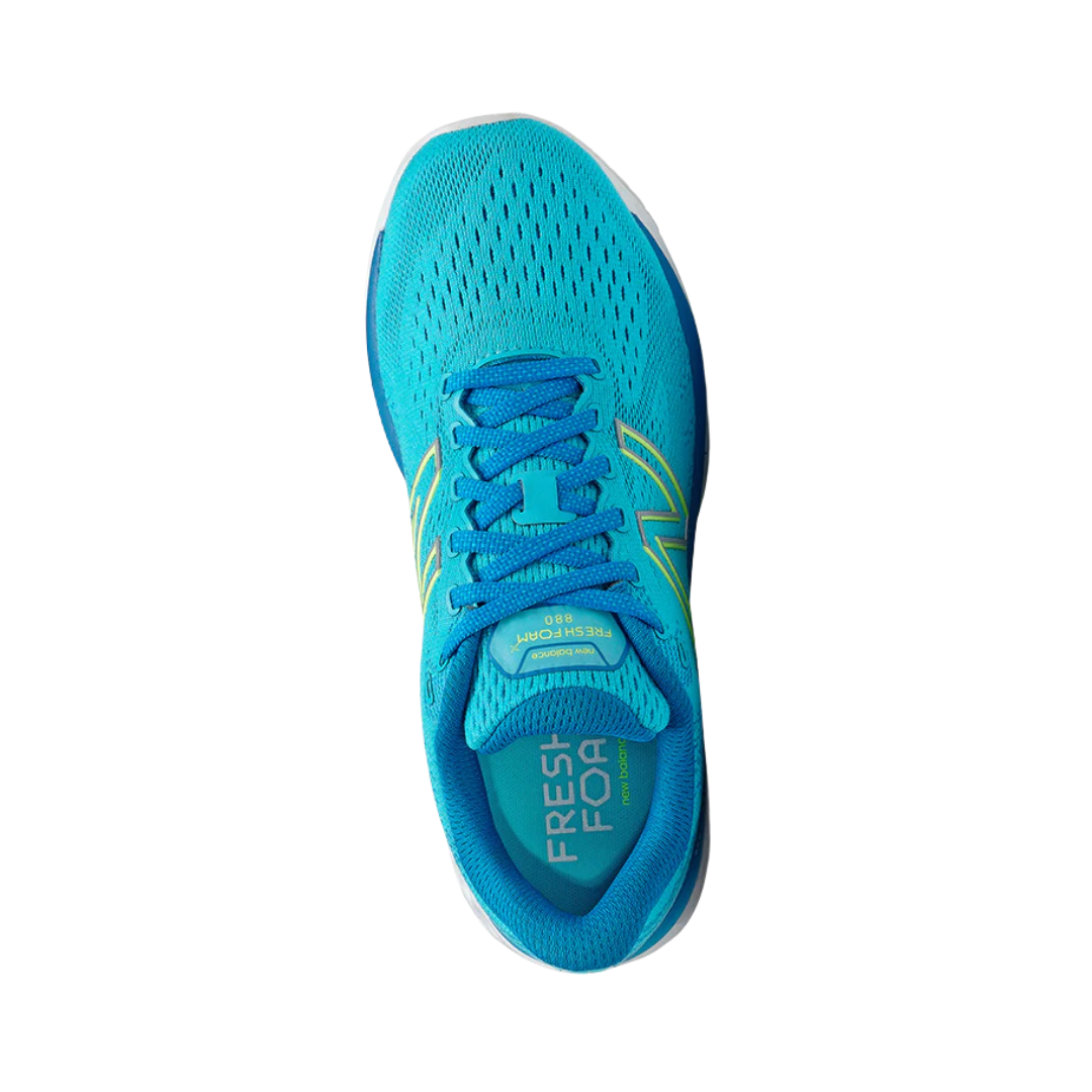 Top View of Women’s New Balance Fresh Foam X 880v11 running shoe in virtual sky with wave – featuring plush Fresh Foam X midsole, supportive heel collar for ankle alignment, and smooth interior lining to reduce friction and irritation.