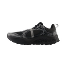 Side View of Men’s New Balance Fresh Foam X Hierro v8 trail running shoe in black with shadow grey – featuring rocker-style sole geometry for smoother heel-to-toe transitions, Fresh Foam cushioning for impact reduction, and medial support to help align the foot properly.