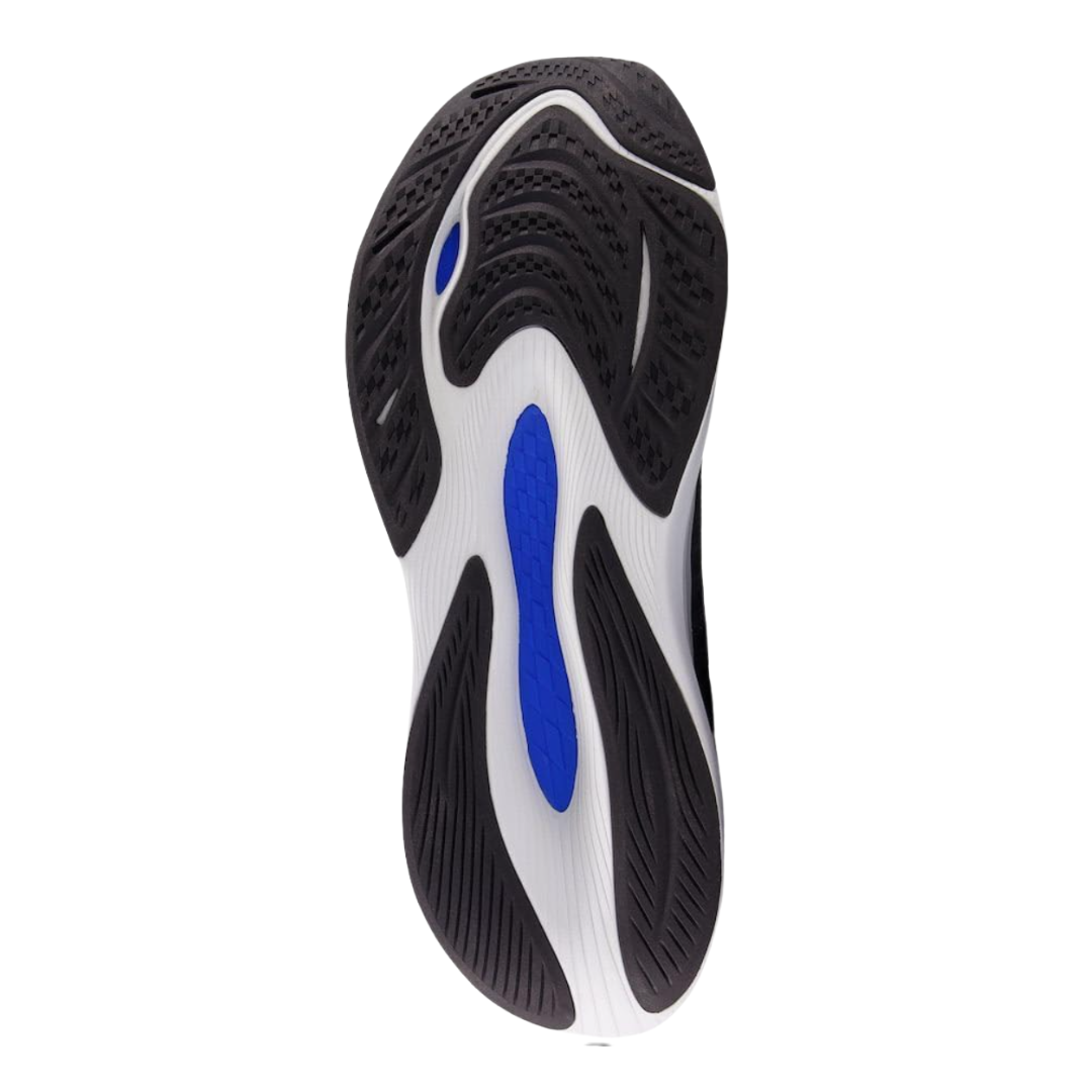 Bottom View of Men’s New Balance FuelCell Propel v5 running shoe in graphite with limelight – featuring durable rubber outsole with flex grooves, high-traction tread, and smooth heel-to-toe transition.