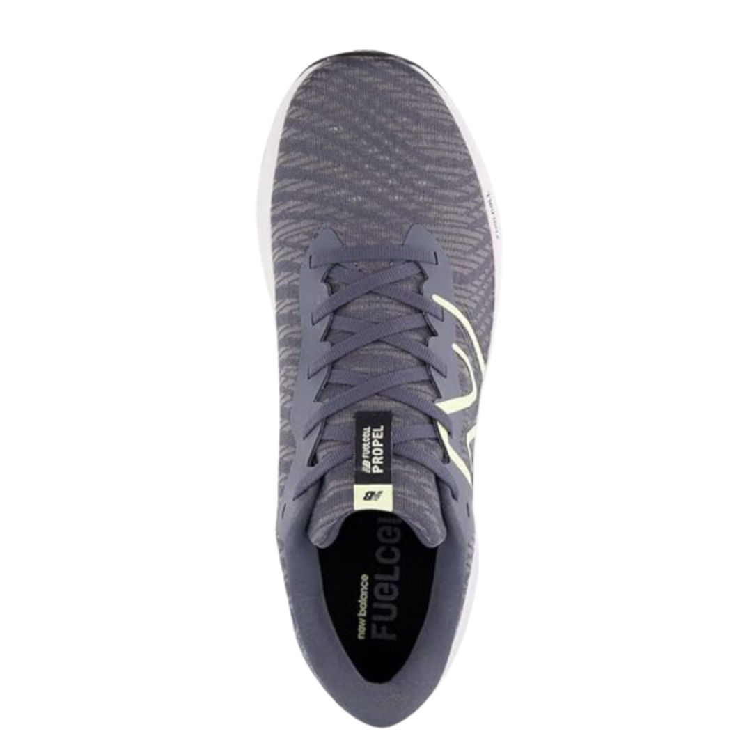 Top View of Men’s New Balance FuelCell Propel v5 running shoe in graphite with limelight – featuring engineered mesh upper for breathability, padded tongue, and cushioned collar for comfort.