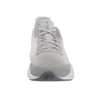 Front View of Men’s New Balance FuelCell Shift TR training shoe in steel with white and serene blue – featuring roomy toe box, seamless upper design, and secure lace closure for a snug fit.