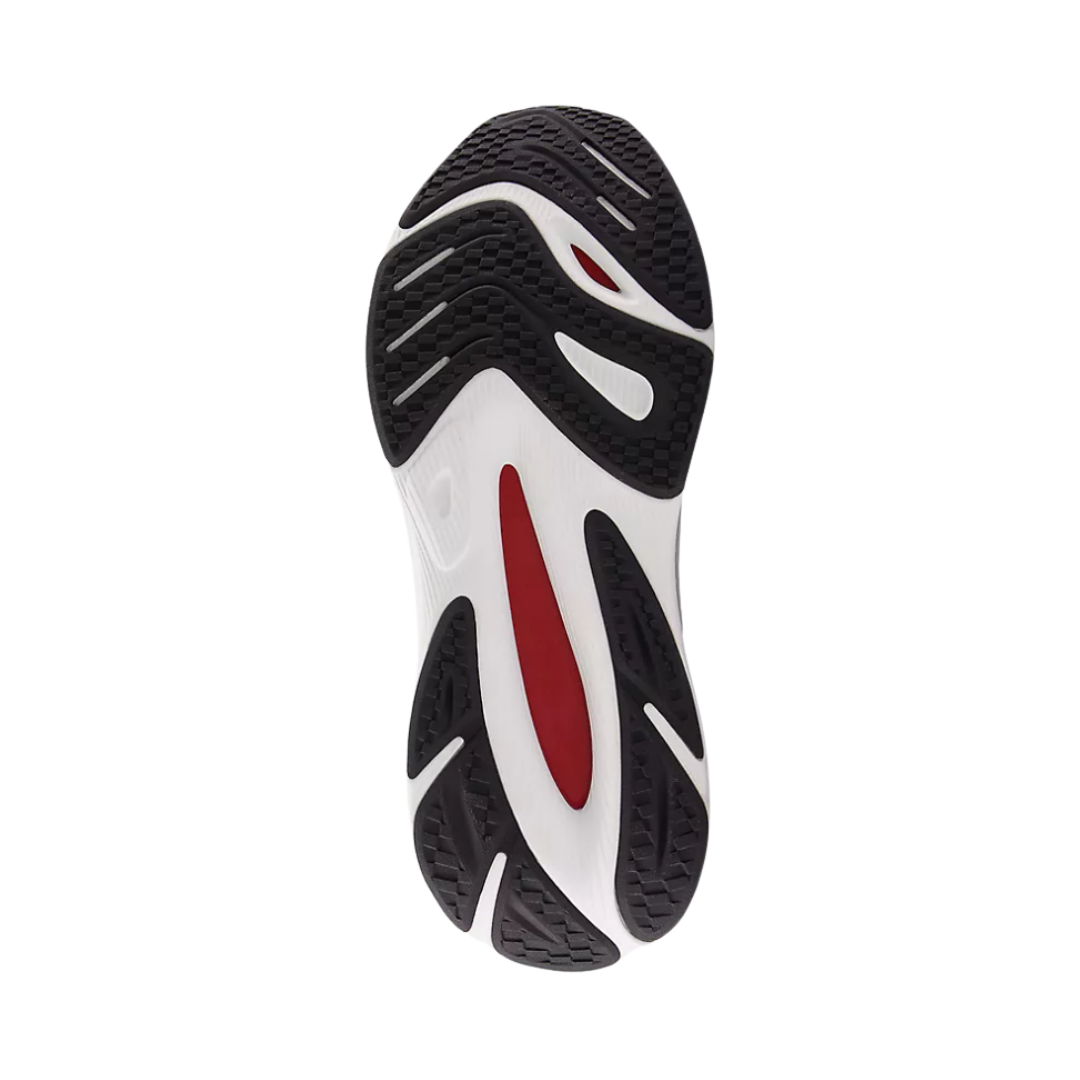 Bottom View of Men’s New Balance FuelCell Walker Elite walking shoe in black with team red and silver – featuring durable rubber outsole, high-traction tread pattern, and enhanced grip for stability.