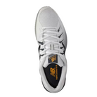 Top View of Men’s New Balance Court 1006 sneaker in white with navy – featuring premium smooth leather upper for durability and easy cleaning, padded tongue with breathable mesh lining, and cushioned collar for ankle support and comfort.