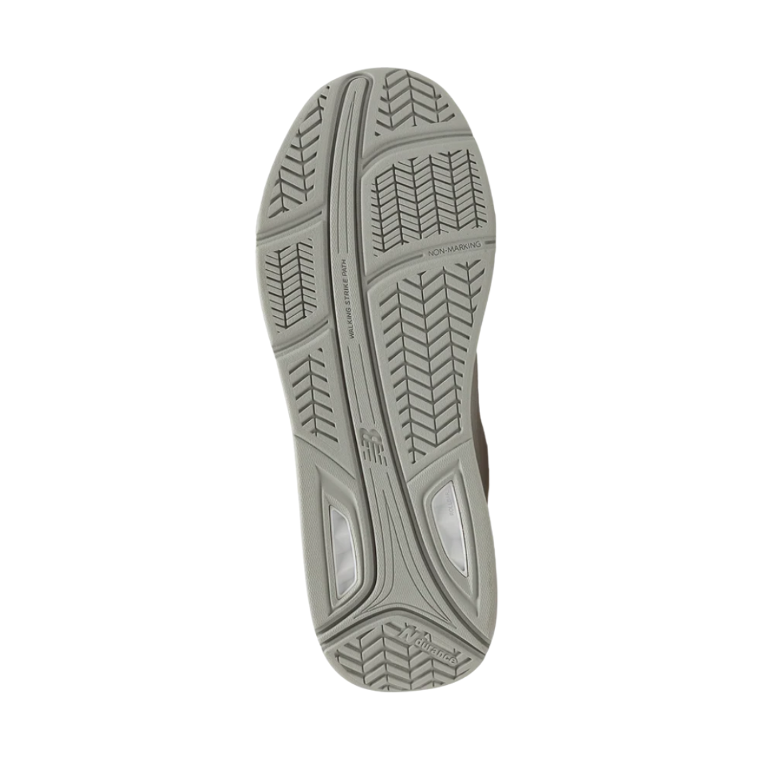 Bottom View of Women’s New Balance 928v3 Hook and Loop walking shoe in white – featuring non-marking rubber outsole, ROLLBAR stability system, and deep tread for improved traction.