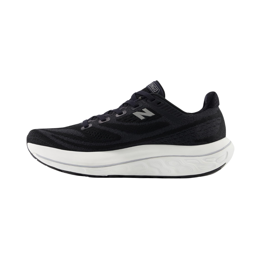 Side View of Women’s New Balance Fresh Foam X Vongo v6 running shoe in black with white – featuring engineered mesh upper for breathability, Fresh Foam X midsole for plush cushioning, and medial post for added stability.