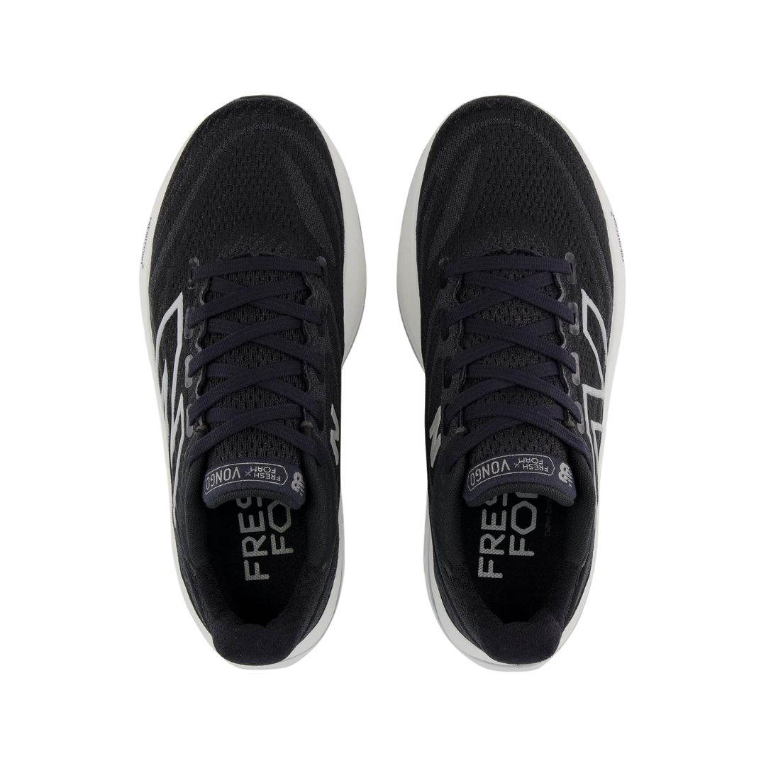Top View of Women’s New Balance Fresh Foam X Vongo v6 running shoe in black with white – featuring engineered mesh upper for breathability, Fresh Foam X midsole for plush cushioning, and medial post for added stability.