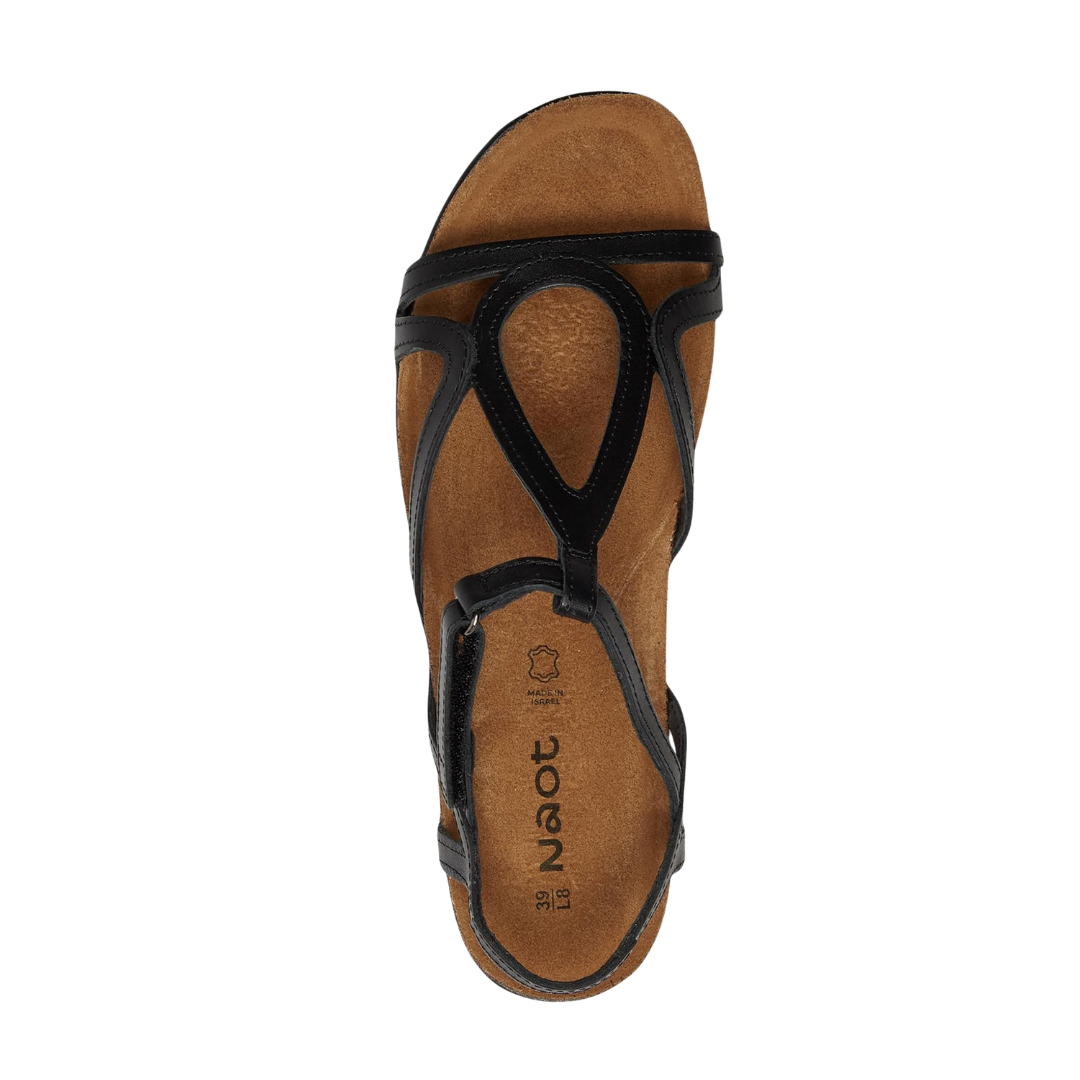 Top view of Women’s Dorith in Black Raven Leather – displaying the intricate strap layout, cushioned footbed, and streamlined sandal silhouette in rich black raven leather for elegant everyday wear.