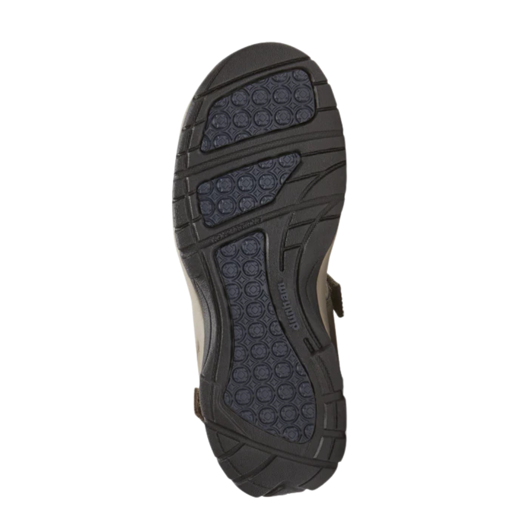Bottom view of Men’s Nolan Waterproof Sandal in taupe – featuring a textured rubber outsole, multi-directional grip lugs, and flexible forefoot grooves.
