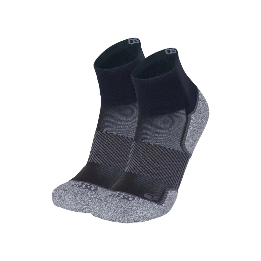 Side view of Unisex OS1st Active Comfort quarter crew socks in black and grey – featuring arch and heel support, padded sole for impact absorption, and moisture-wicking technology to prevent odor.