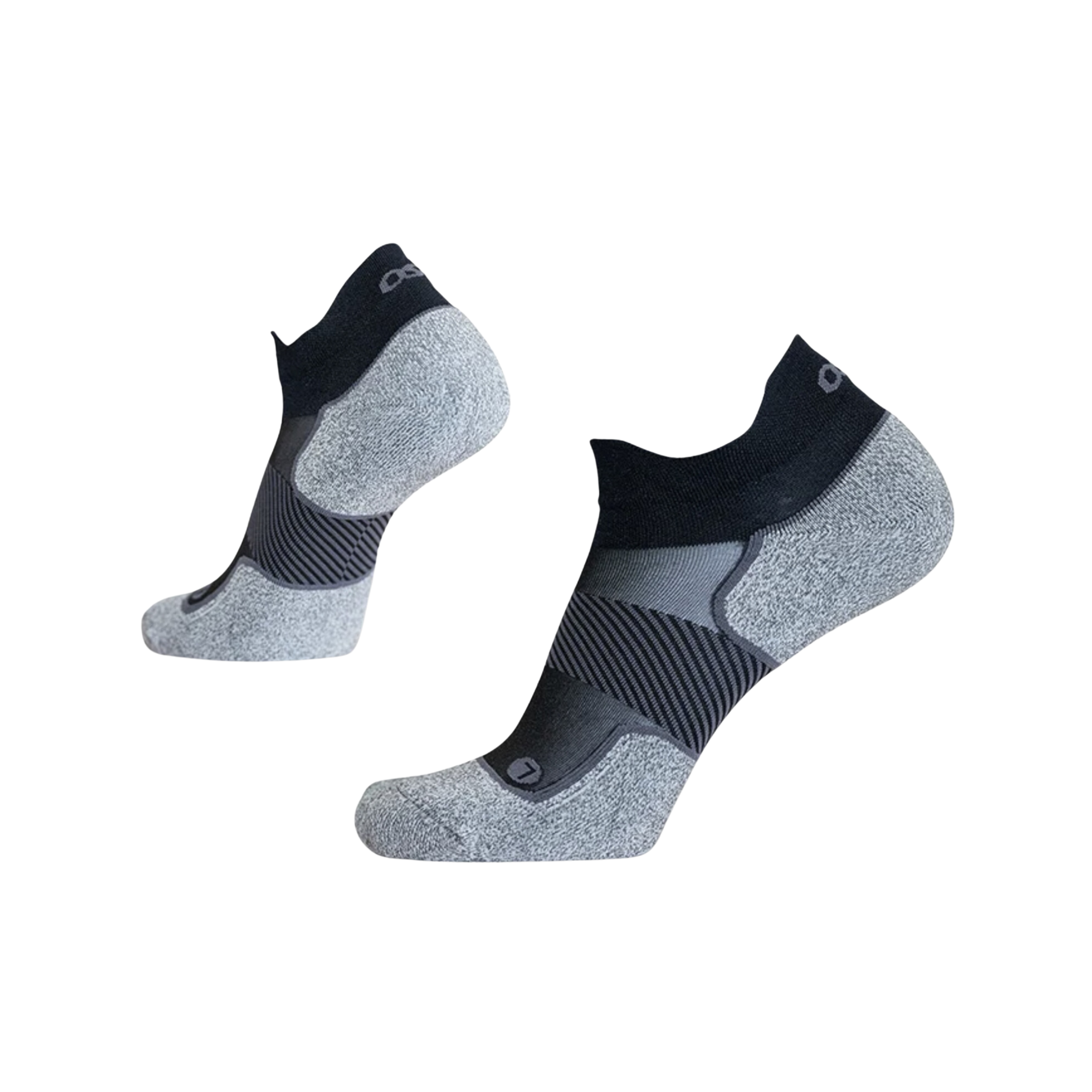 Side view of Unisex OS1st Active Comfort no-show socks in black and grey – featuring cushioned sole, arch support, moisture-wicking fabric, and seamless toe to prevent irritation.