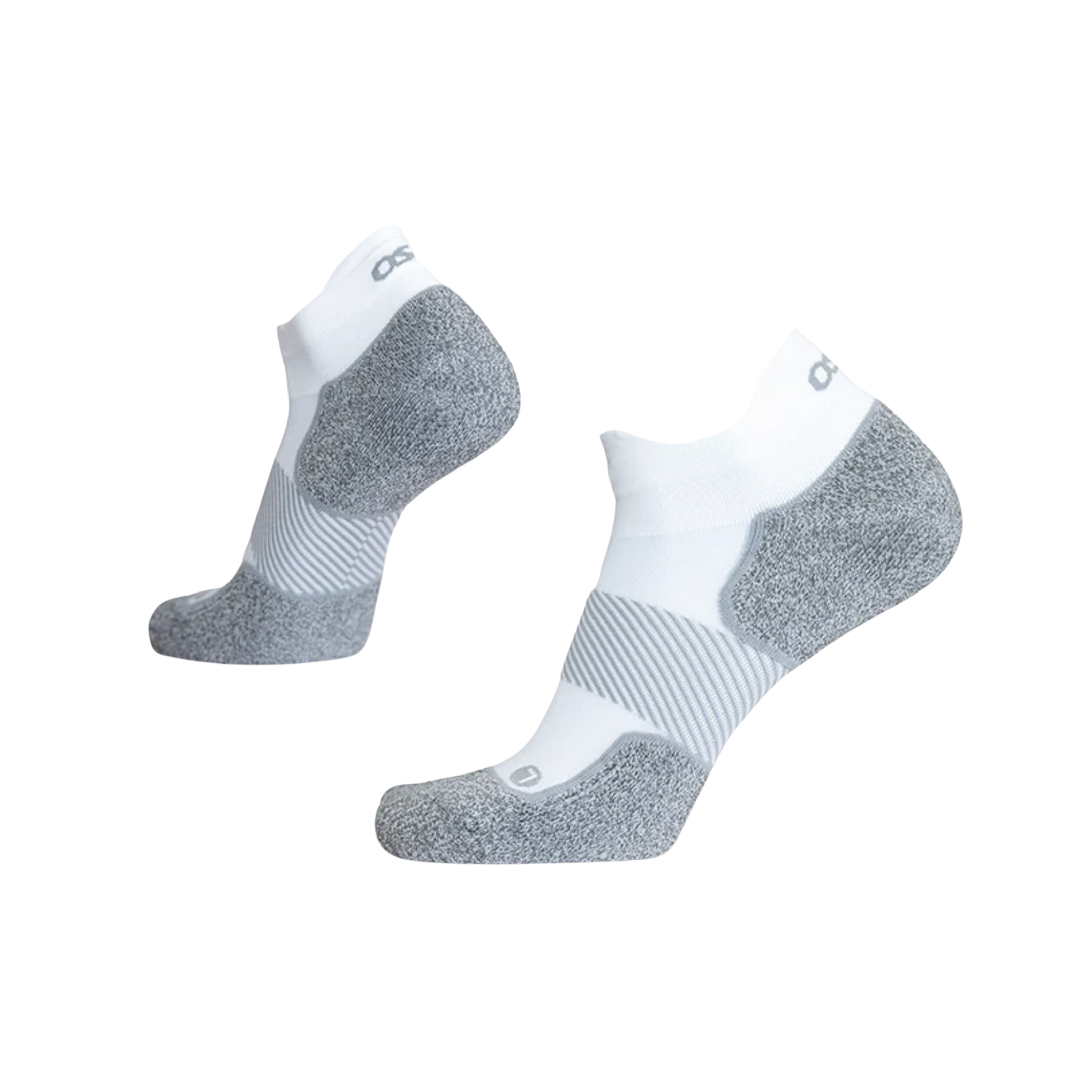 Side view of Unisex OS1st Active Comfort no-show socks in white and grey – featuring padded footbed for impact protection, breathable fabric, and ergonomic arch support.