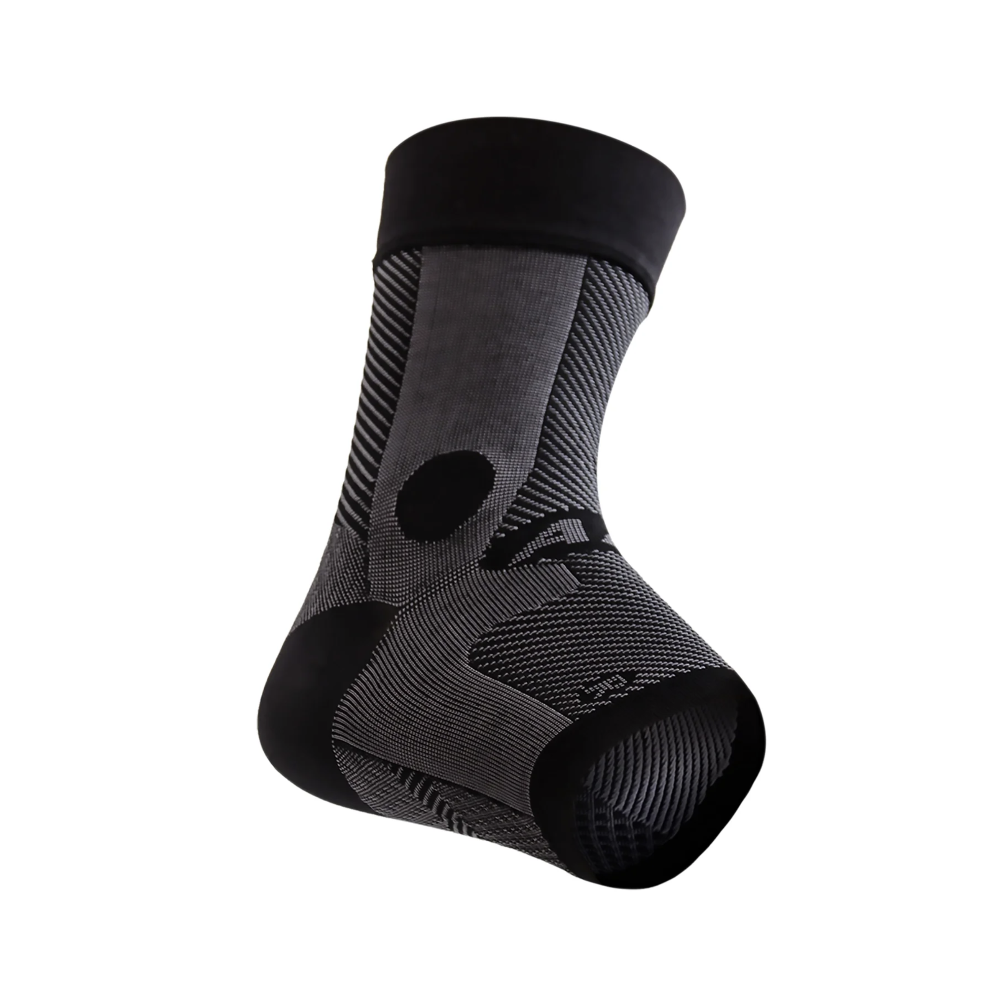 Side view of unisex OS1st Ankle Bracing Sleeve in black – featuring targeted compression to support ankle stability, breathable fabric for moisture management, seamless design to reduce irritation, and designed to aid recovery and prevent ankle sprains and strains.