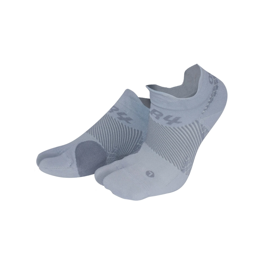 Side view of Unisex OS1st Bunion Relief no-show socks in grey – featuring stretch fabric to ease bunion pressure, padded cushioning, moisture-wicking design, and seamless fit.