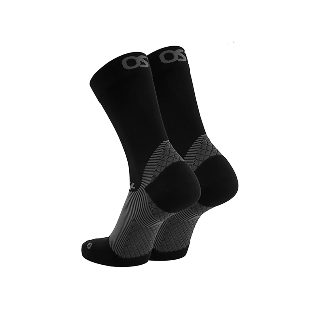 Side view of Unisex OS1st Plantar Fasciitis crew socks in black and grey – featuring compression technology to relieve heel pain, cushioned foot zones, and breathable fabric for all-day comfort.