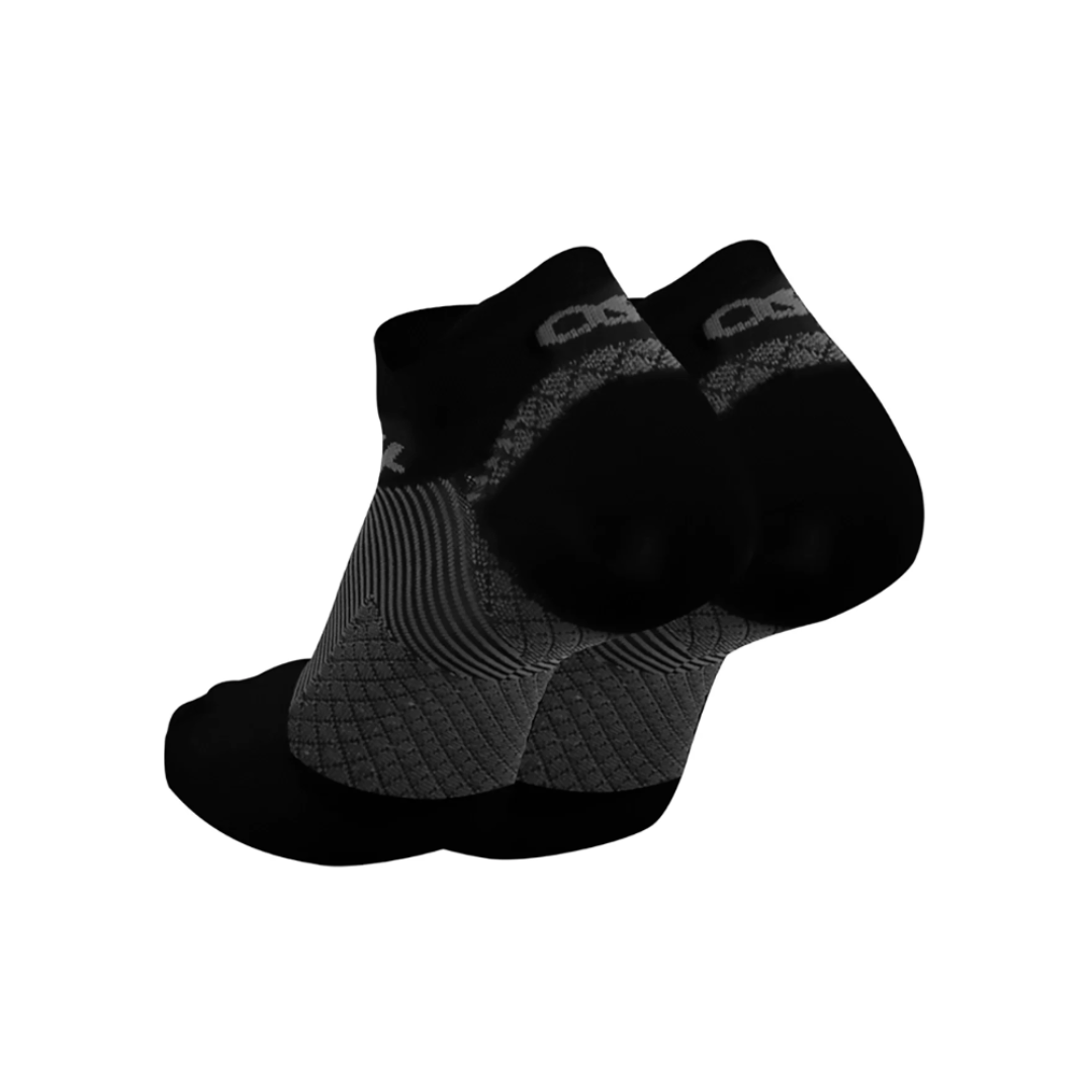 Side view of Unisex OS1st Plantar Fasciitis no-show socks in all black – featuring targeted plantar fascia support, cushioned heel zone, moisture-wicking fabric, and low-profile design for discreet wear.