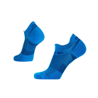 Side view of Unisex OS1st Plantar Fasciitis no-show socks in all blue – featuring cushioned footbed, arch compression zones, moisture-wicking materials, and low-profile fit.