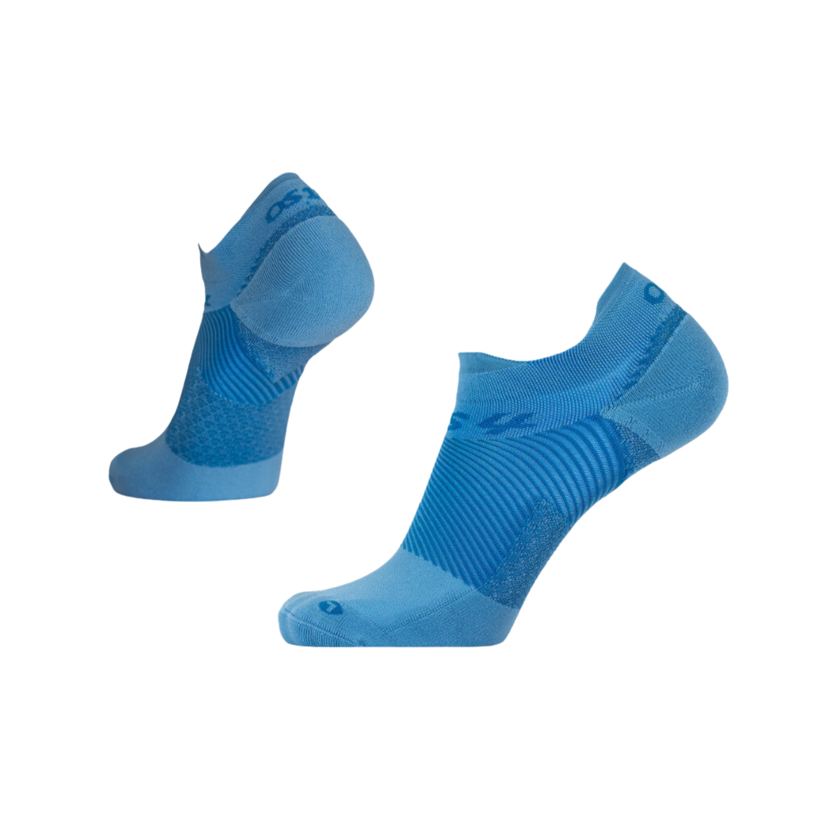 Side view of Unisex OS1st Plantar Fasciitis no-show socks in steel blue – featuring targeted heel cushioning, arch support, breathable fabric, and seamless construction for comfort.