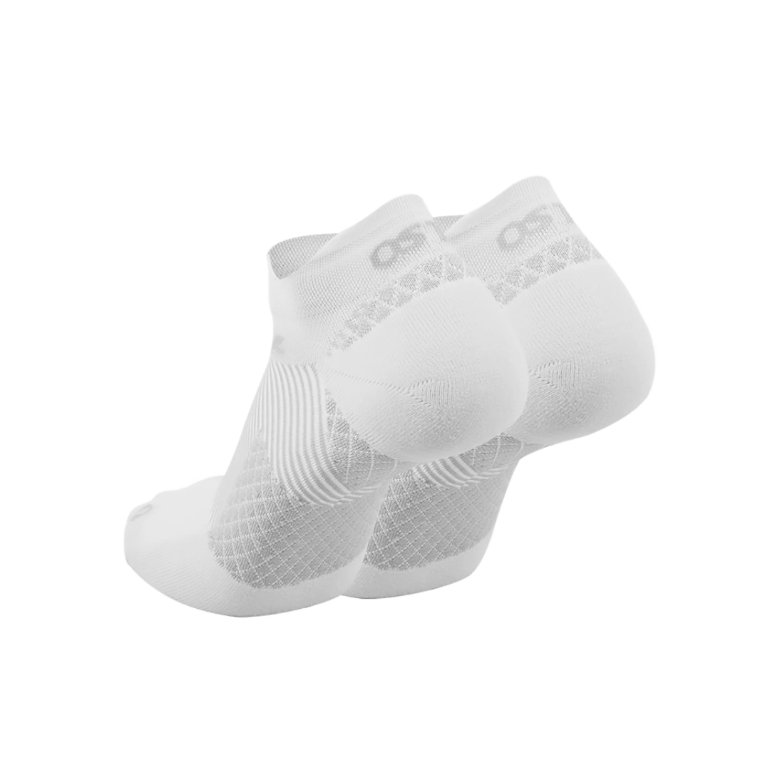 Side view of unisex OS1st Plantar Fasciitis no-show socks in white – featuring cushioned sole for heel pain relief, targeted arch support to reduce plantar fasciitis discomfort, moisture-wicking fabric to keep feet dry, and low-profile no-show design for discreet wear.