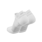 Side view of unisex OS1st Plantar Fasciitis no-show socks in white – featuring cushioned sole for heel pain relief, targeted arch support to reduce plantar fasciitis discomfort, moisture-wicking fabric to keep feet dry, and low-profile no-show design for discreet wear.